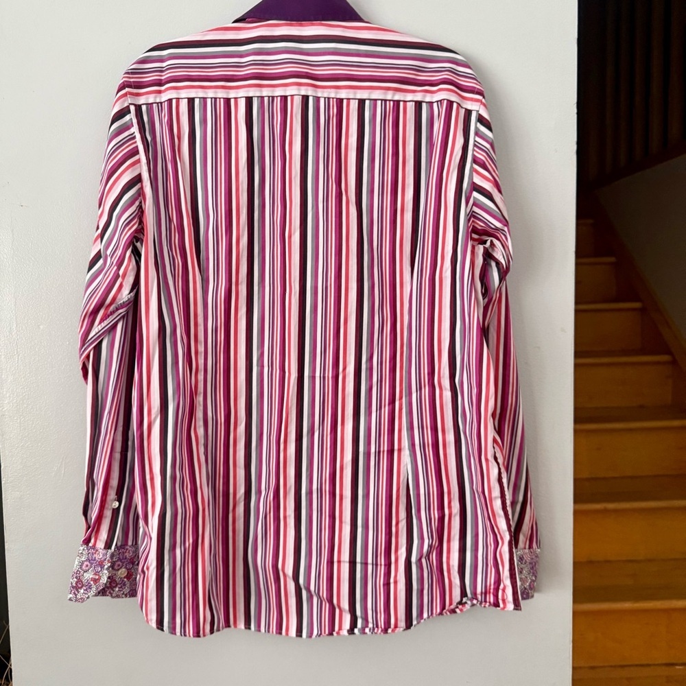 ETON Luxury Multi-Stripe Dress Shirt - Contrast Collar & Floral Cuffs Peacocking - Picture 5 of 6
